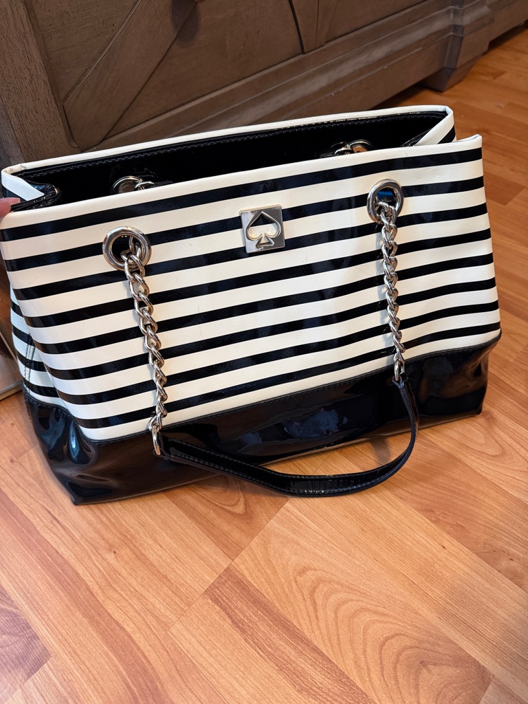 Kate Spade Black & White Striped Patent Tote With Chain Handles